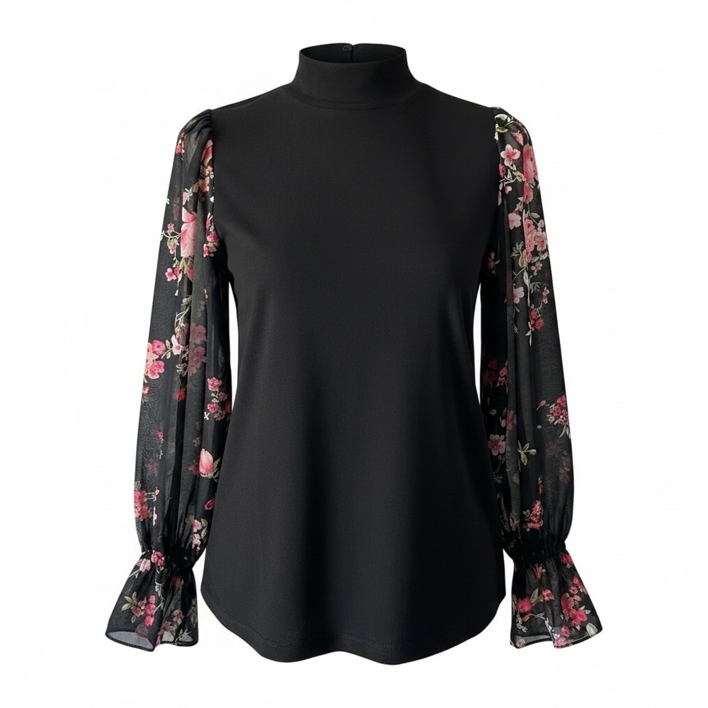 CeCe Mock Neck Floral Sheer Sleeve Top Rich Black Small NWT